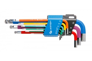 Набор шестигранных ключей удлиненных, Г-образных с шаровым наконечником и цветовой маркировкой 1,5-10 мм, CrV, 9 шт. HT1W806